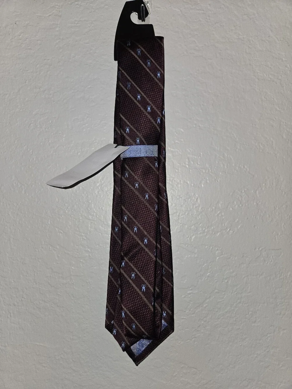 Psycho Bunny Burgundy Striped Tie with Blue Motifs, Silk